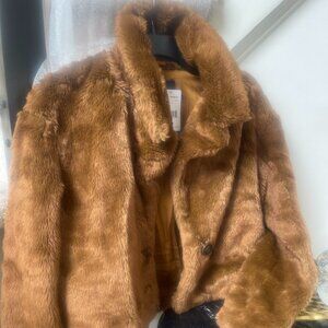 FREE PEOPLE Mena Brown Faux Fur Crop Teddy Button Oversized Coat Small